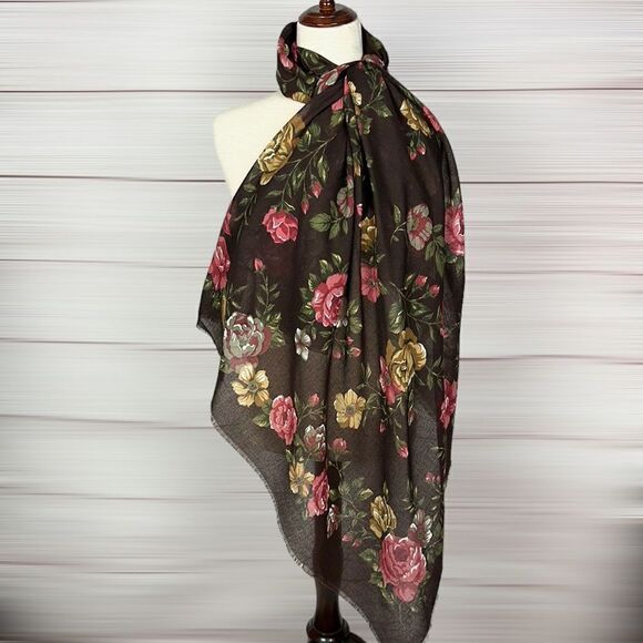 Large Square Brown Floral Roses Scarf Shawl Wrap 46x46 - Picture 7 of 10